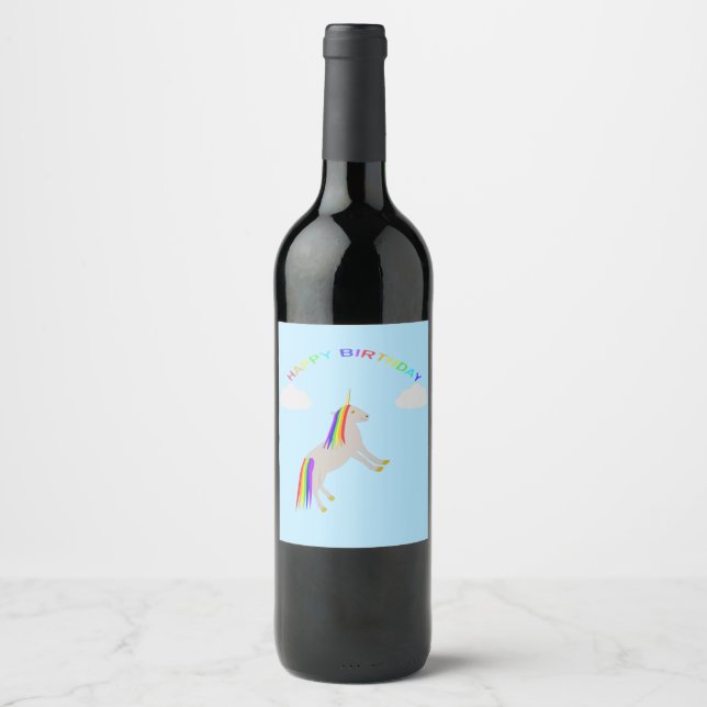 Fantasy Birthday Unicorn Rainbow and Clouds Wine Label (Front)
