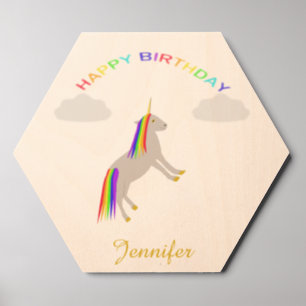 Fantasy Birthday Unicorn Rainbow and Clouds Wood Photo Tile