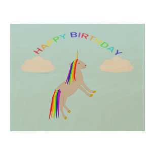 Fantasy Birthday Unicorn Rainbow and Clouds Wood Wall Art