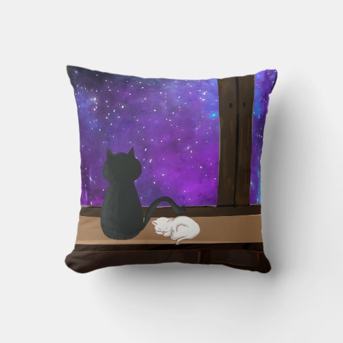 Fantasy black and white cats watching the stars  throw pillow