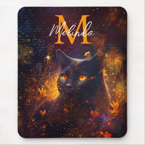 Fantasy Black Cat and Orange Flowers Mouse Pad