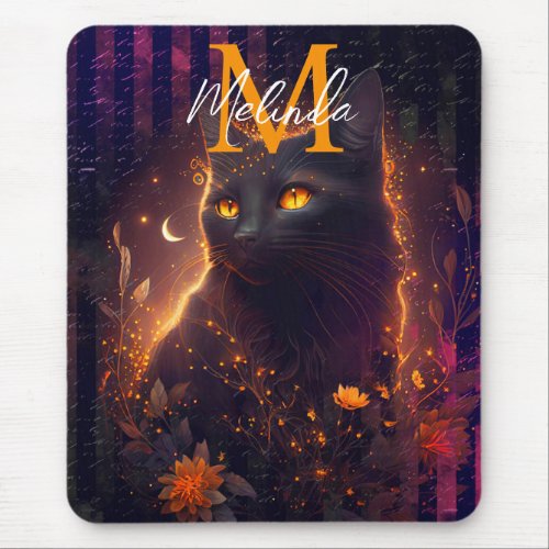 Fantasy Black Cat and Orange Flowers Mouse Pad