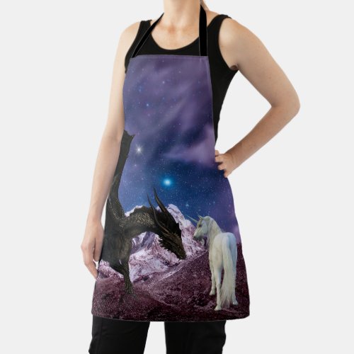 Fantasy Black Dragon Meets Unicorn Apron