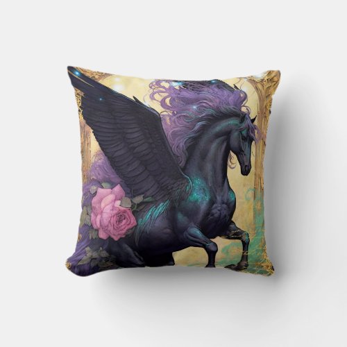 Fantasy Black Pegasus Throw Pillow