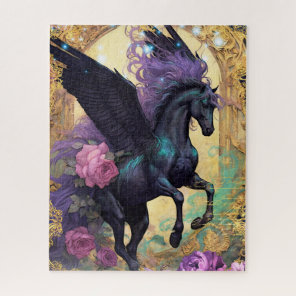Fantasy Black Pegasus with Purple Flowers Jigsaw Puzzle