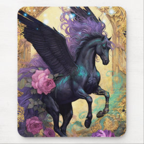 Fantasy Black Pegasus with Purple Flowers Mouse Pad