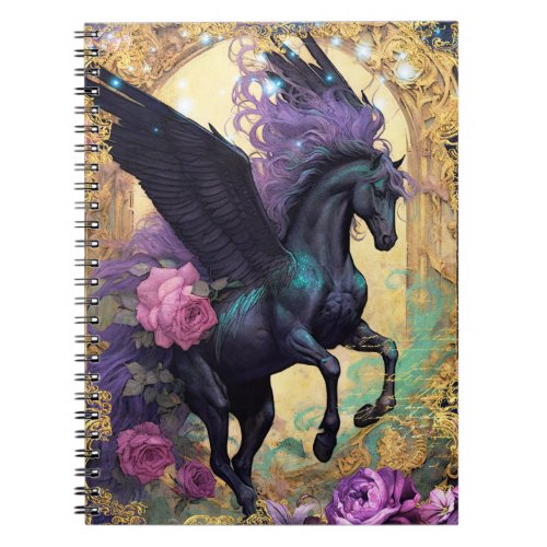 Fantasy Black Pegasus with Purple Flowers Notebook