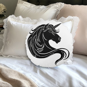 Fantasy Black Tribal Unicorn White Minimalist Round Pillow