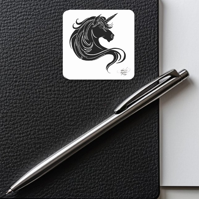 Fantasy Black Tribal Unicorn White Minimalist Square Sticker (Creator Uploaded)