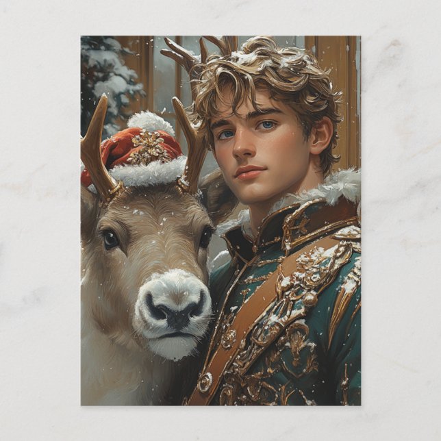 Fantasy blond man and reindeer Christmas Postcard (Front)