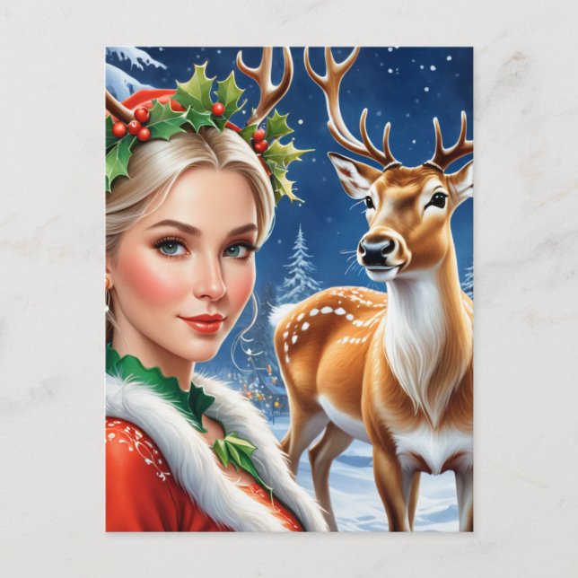 Fantasy blond woman and deer Christmas Postcard (Front)