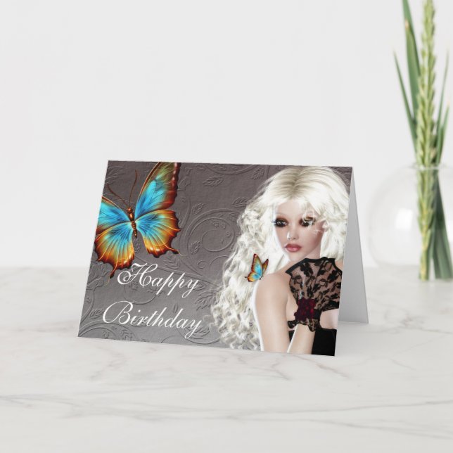 Fantasy Blonde with Butterfly Birthday Card (Front)