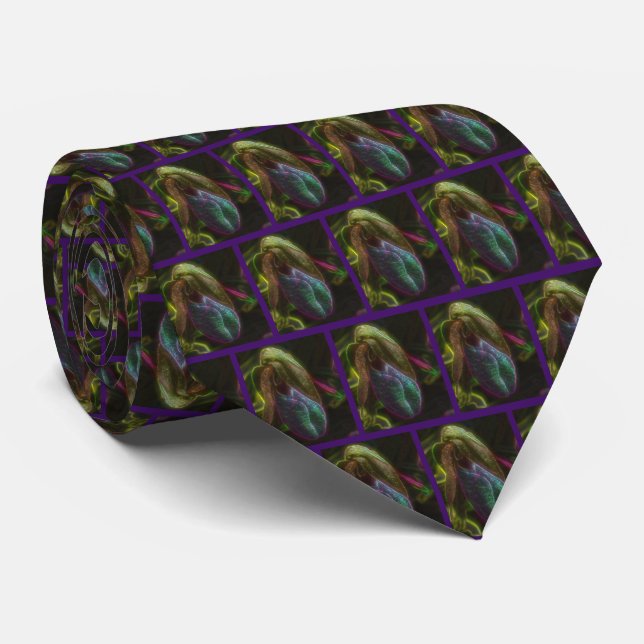 Fantasy Blue Abstract Lady Slipper Flower  Neck Tie (Rolled)