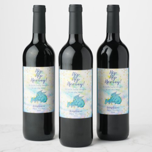 Fantasy Blue Boys Dragon Baby Shower Wine Label