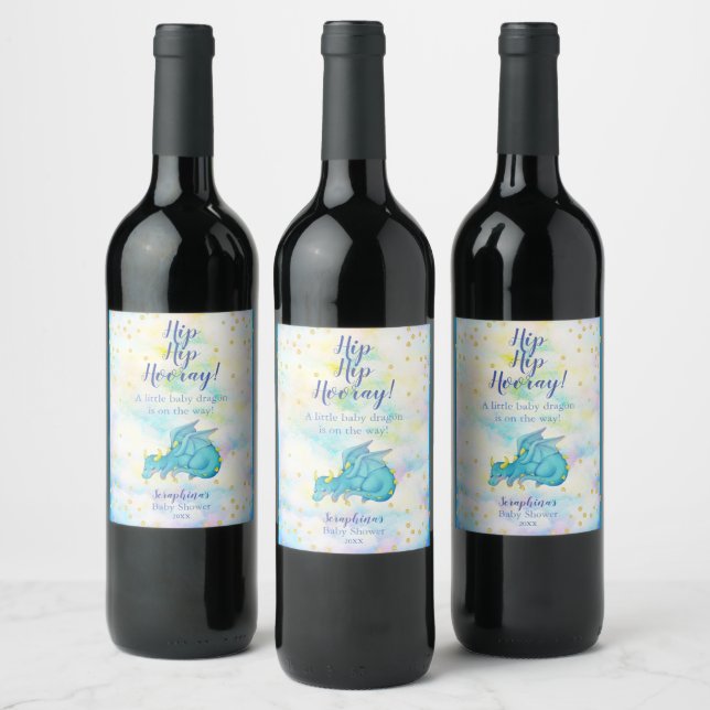 Fantasy Blue Boys Dragon Baby Shower Wine Label (Bottles)