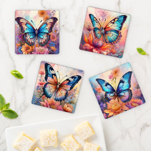 Fantasy Blue Butterfly and Colors Flowers Coaster Set