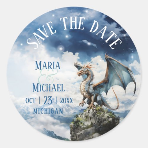 Fantasy Blue Dragon Wedding Save the Date Sticker