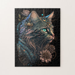 Fantasy blue eye cat with flowers AI art Jigsaw Puzzle