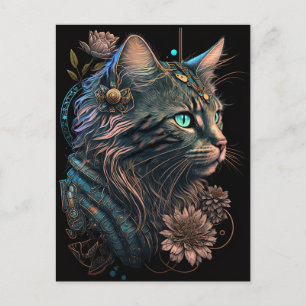 Fantasy blue eye cat with flowers AI art Postcard