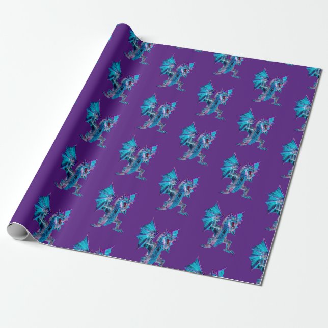 Fantasy Blue Fire Dragon Purple Wrapping Paper (Unrolled)
