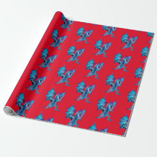 Fantasy Blue Fire Dragon Wrapping Paper Red