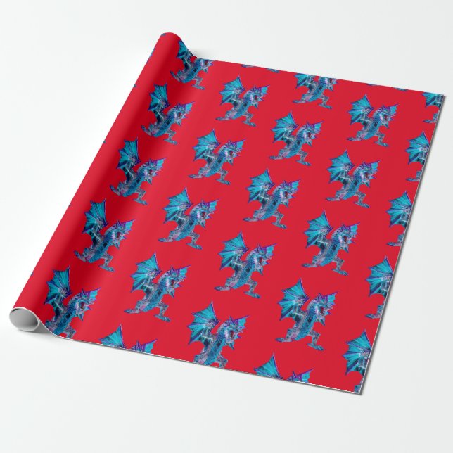 Fantasy Blue Fire Dragon Wrapping Paper Red (Unrolled)