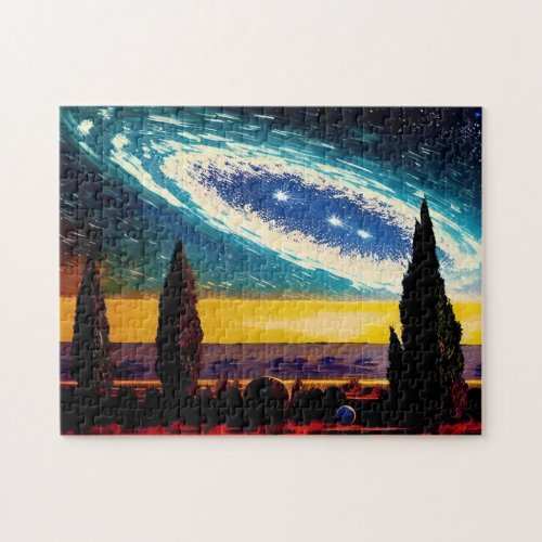 Fantasy Blue Galaxy and Yellow Sky Jigsaw Puzzle