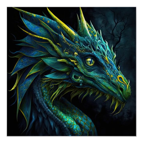 Fantasy blue green dragon with yellow eyes AI art Poster