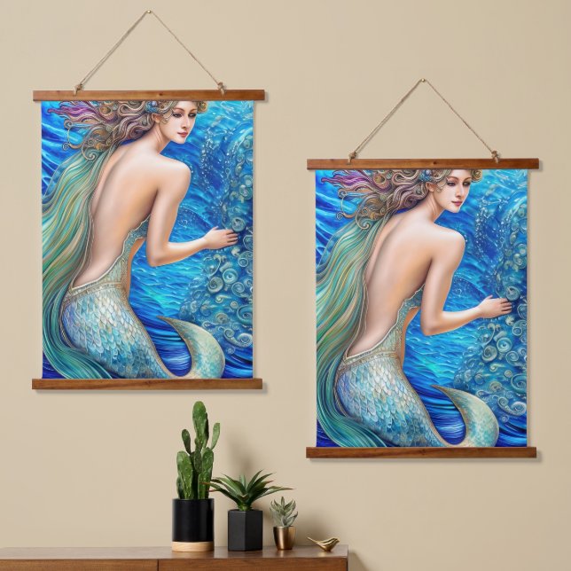 Fantasy Blue Mermaid Ocean Waves Art Hanging Tapestry (Asymmetrical)