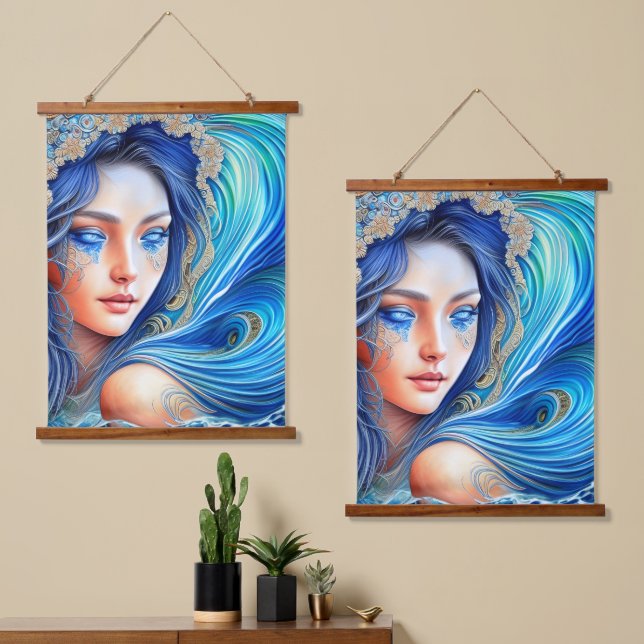 Fantasy Blue Ocean Wave Goddess Abstract Art Hanging Tapestry (Asymmetrical)