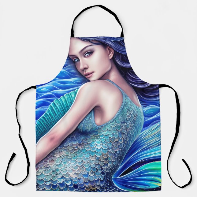 Fantasy Blue Ocean Waves Mermaid Abstract Art  Apron (Front)