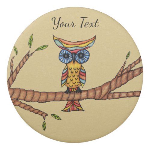 Fantasy Blue Red Yellow Owl on Branch Tan Eraser