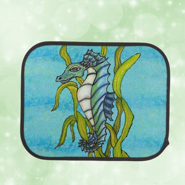 Fantasy Blue Sea Dragon Seahorse Seaweed Car Mat (Fantasy aqua blue seahorse in green seaweed on shads of blue rear car mat.)