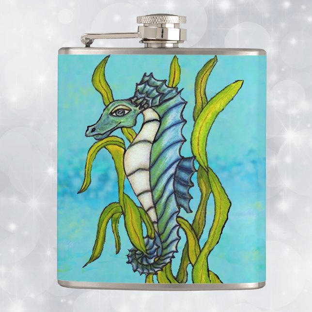Fantasy Blue Sea Dragon Seahorse Seaweed Hip Flask (Fantasy aqua blue and white seahorse in green seaweed on shades of blue drinking flask.)