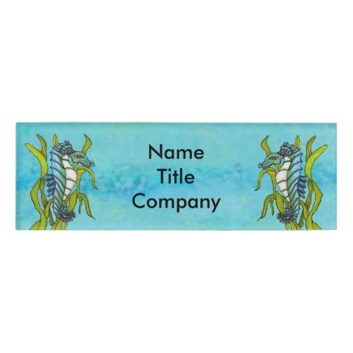 Fantasy Blue Sea Horse Dragons on Seaweed Name Tag