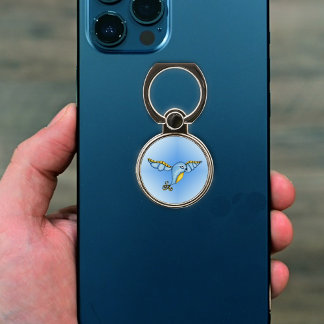 Fantasy Blue Yellow Bird in Flight Scrolled Tail Phone Ring Stand