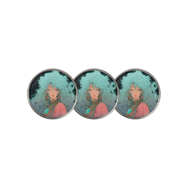 Fantasy Bohemian Aesthetic Anime Girl Golf Ball Marker (3 Up)