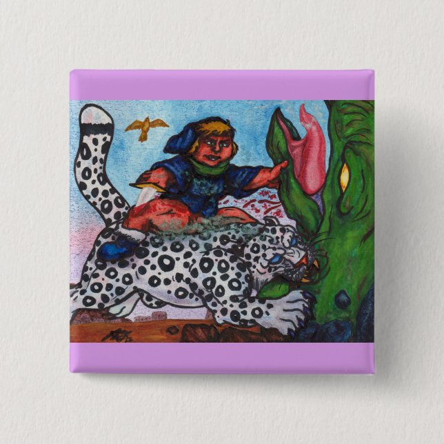 fantasy boy riding cat fighting dragon and eagle  button (Front)