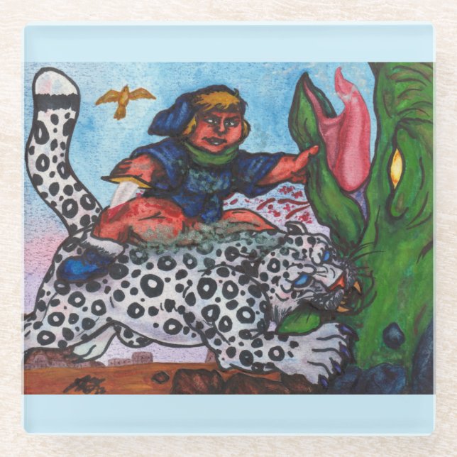 fantasy boy riding cat fighting dragon and eagle glass coaster (Front)