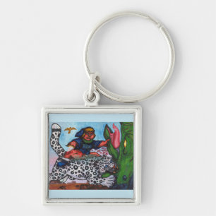 fantasy boy riding cat fighting dragon and eagle keychain