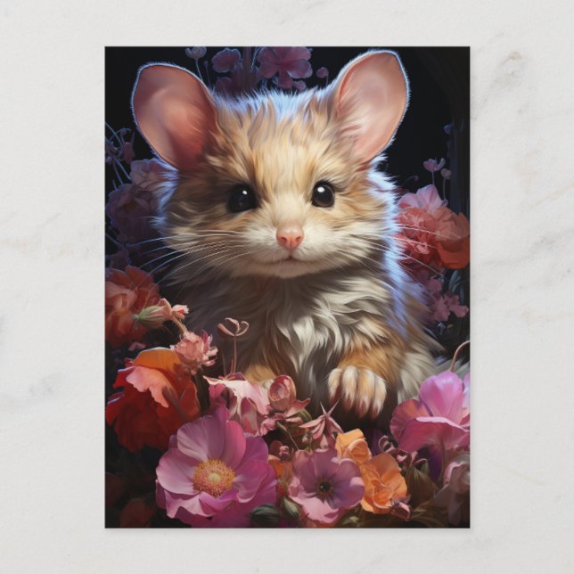 Fantasy Brown Fluffy Mouse in the Flowers Postcard (Front)