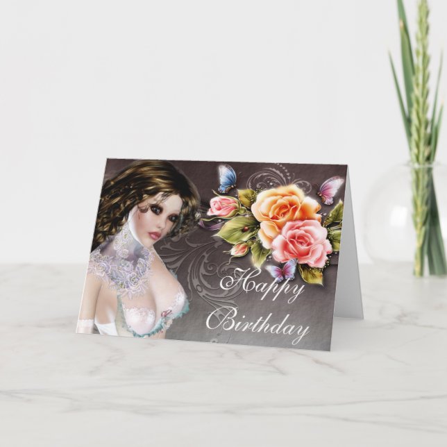 Fantasy Brunette with Roses Birthday Card (Front)