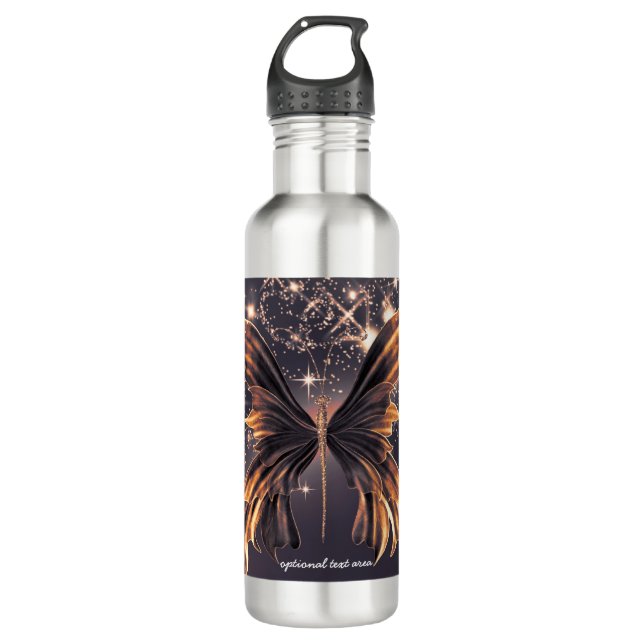 Fantasy Butterfly Gold Sparkle Elegant Glam Stainless Steel Water Bottle (Front)