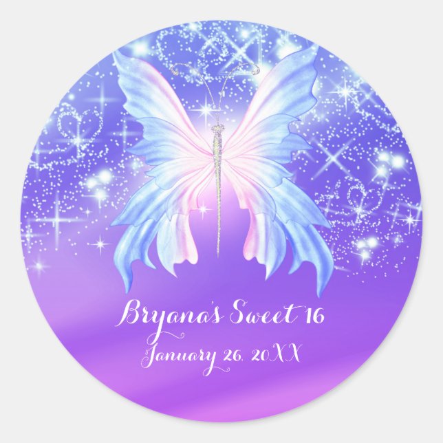 Fantasy Butterfly Pink & Purple Sparkle Classic Round Sticker (Front)