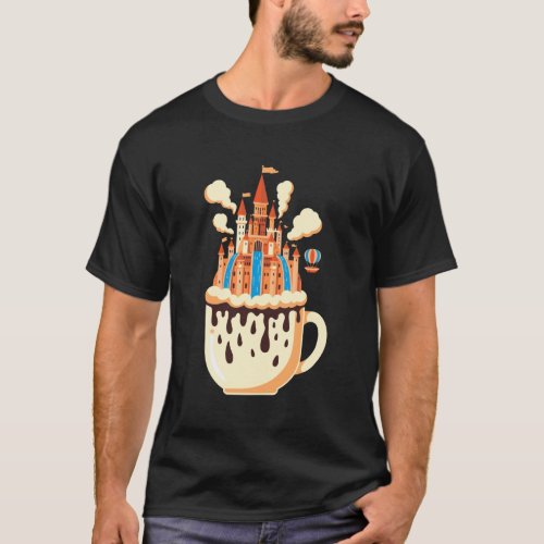 Fantasy Castle Coffee Cup Waterfalls Hot Air Ballo T-Shirt