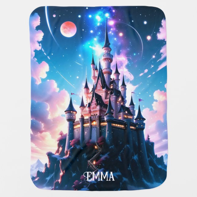 Fantasy Castle Custom Name Text Baby Blanket (Front)