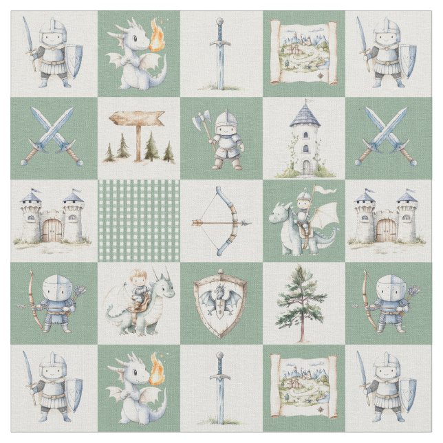 Fantasy castle with dragons and knights baby boy fabric (Close Up)