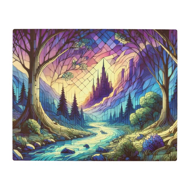 Fantasy Castle with Enchanted Forest and River Metal Print (Front)