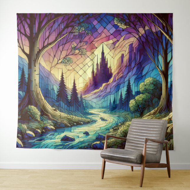Fantasy Castle with Enchanted Forest and River Tapestry (In Situ (Horizontal))