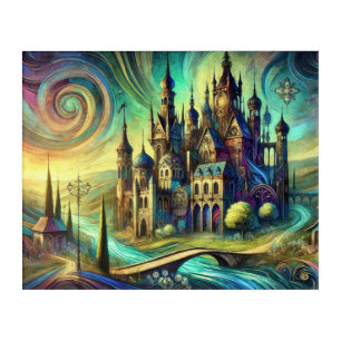 Fantasy Castle with Swirling Sky and Flowing River Acrylic Print